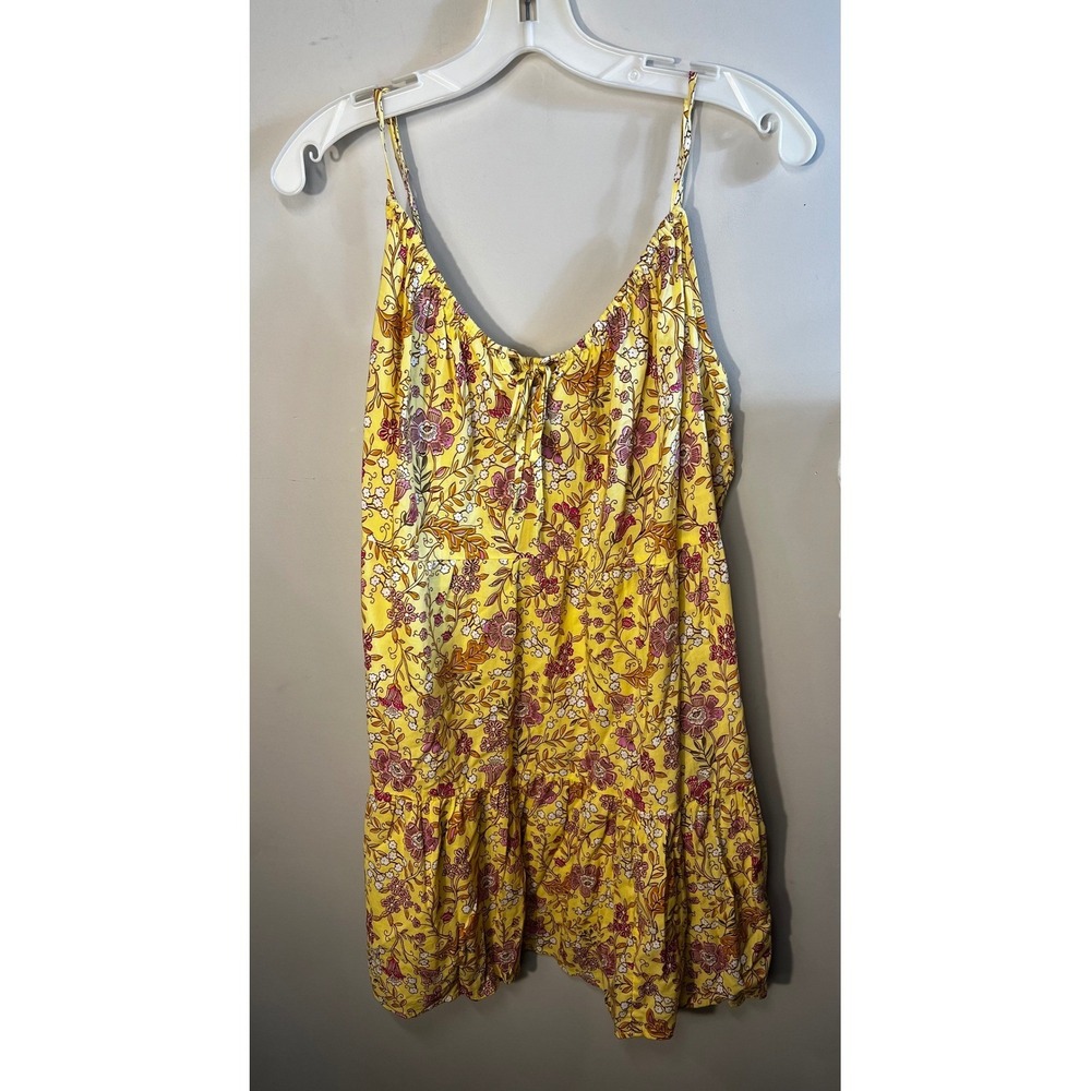 Old Navy Yellow Floral Boho peasant Tiered Mini Dress Sleeveless Strappy Size L